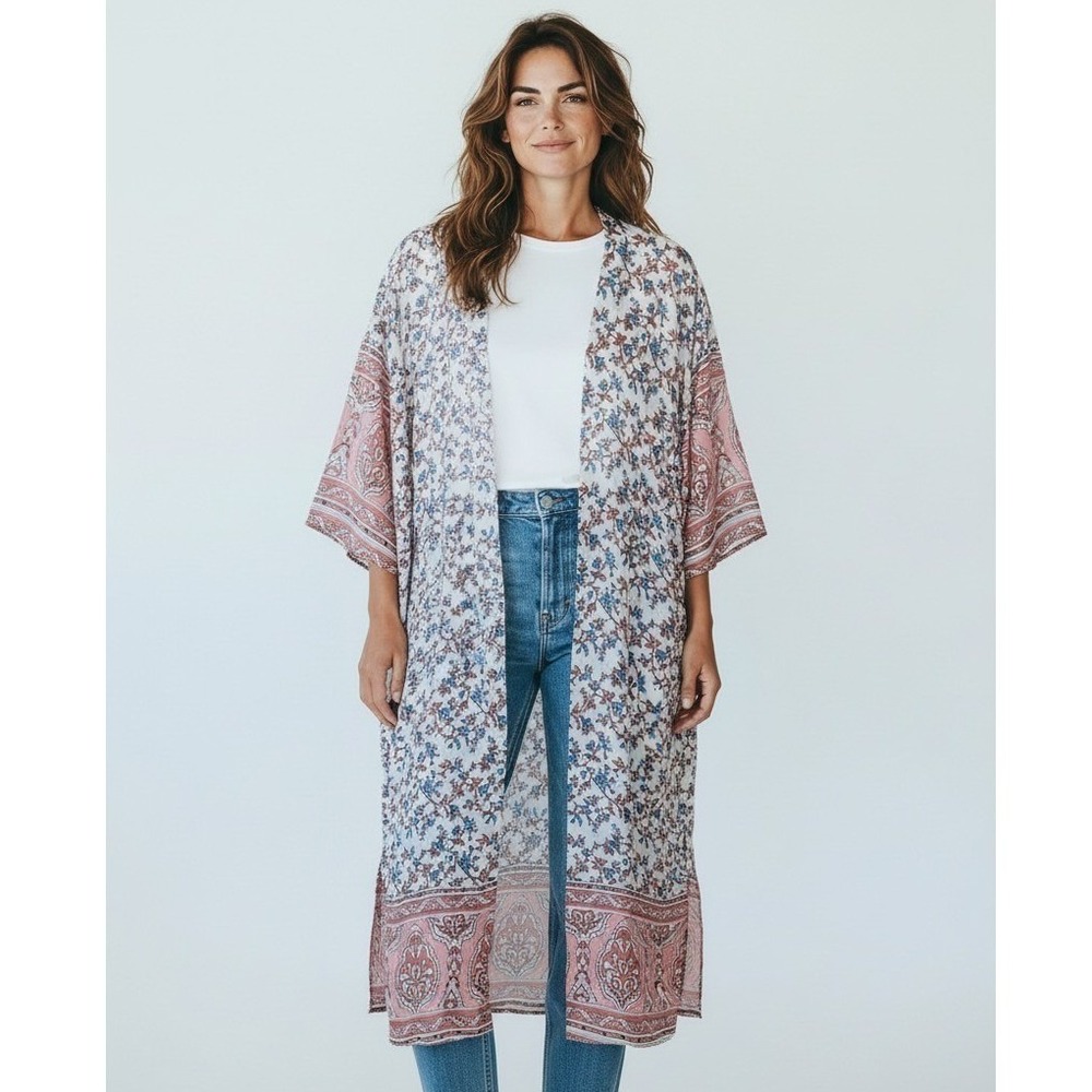 Womens Floral Paisley Duster Kimono Cardigan Pink Blue Open Front One Size